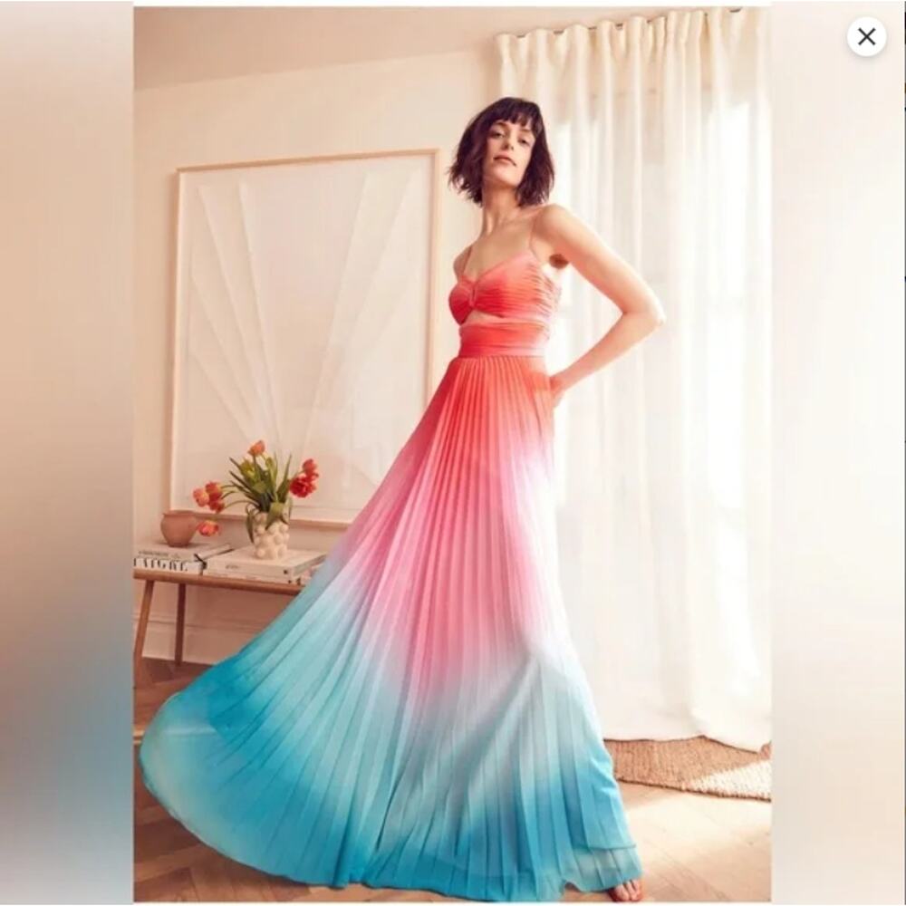 AMUR Ombre Coral to Aqua Pleated Maxi Dress